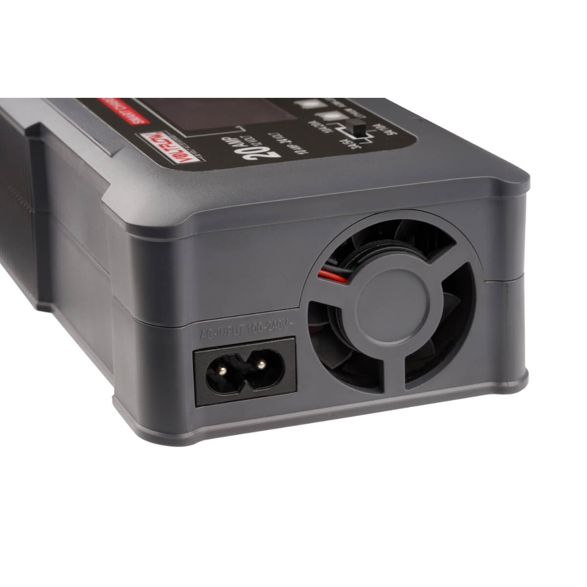 Second close-up image of the side view of VoltFlow's 12/24v 10A Battery Charger.