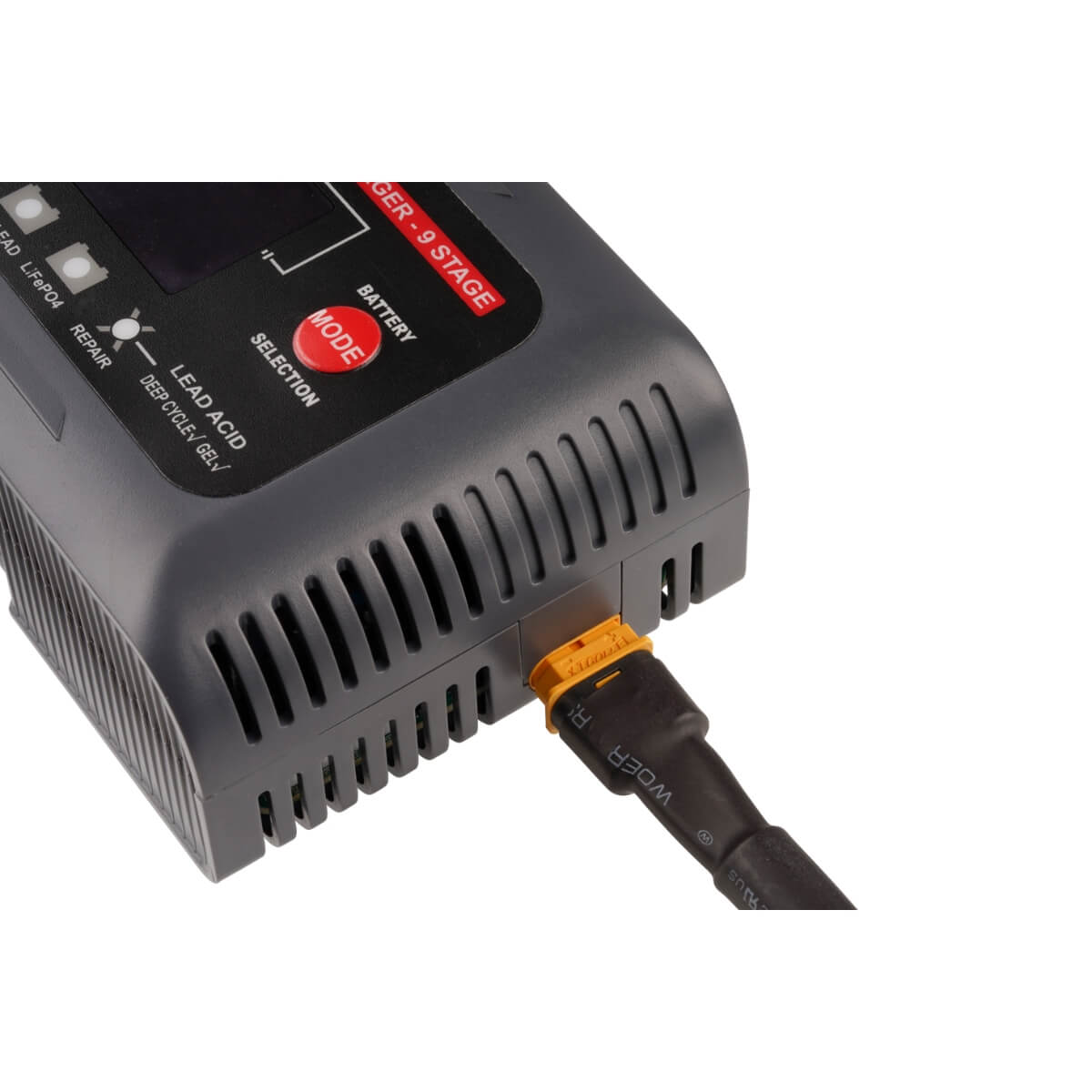 Close-up image of the power plug of VoltFlow's 12/24v Battery Charger