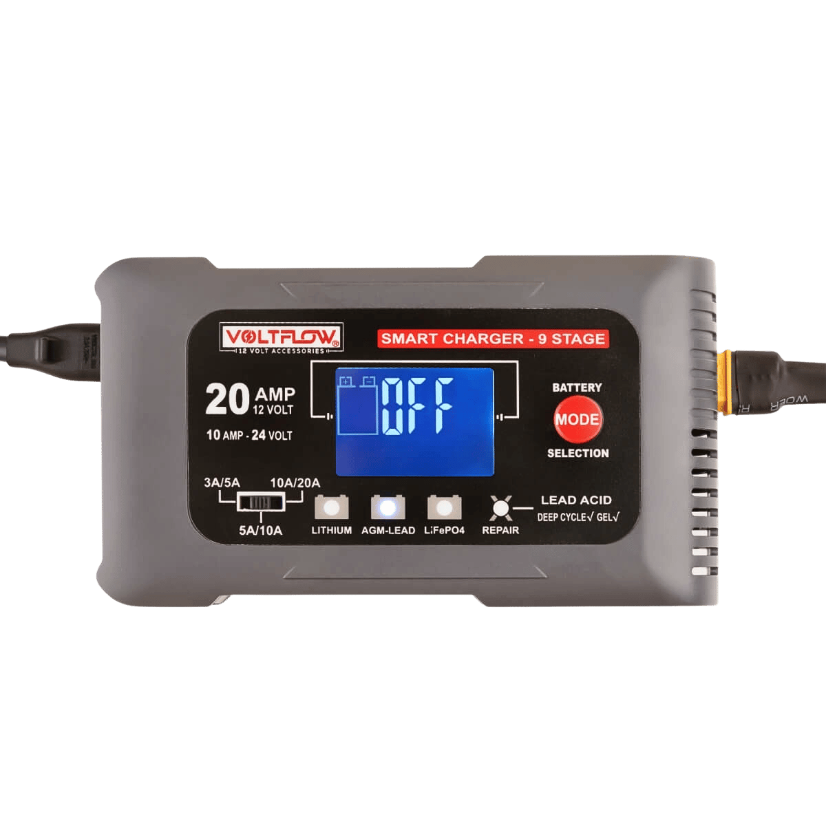 Voltflow 20Amp Smart Battery Charger & Maintainer 12-24V 9-Stage Lithium Capable - Multi Amp - High Output - Fan Cooled