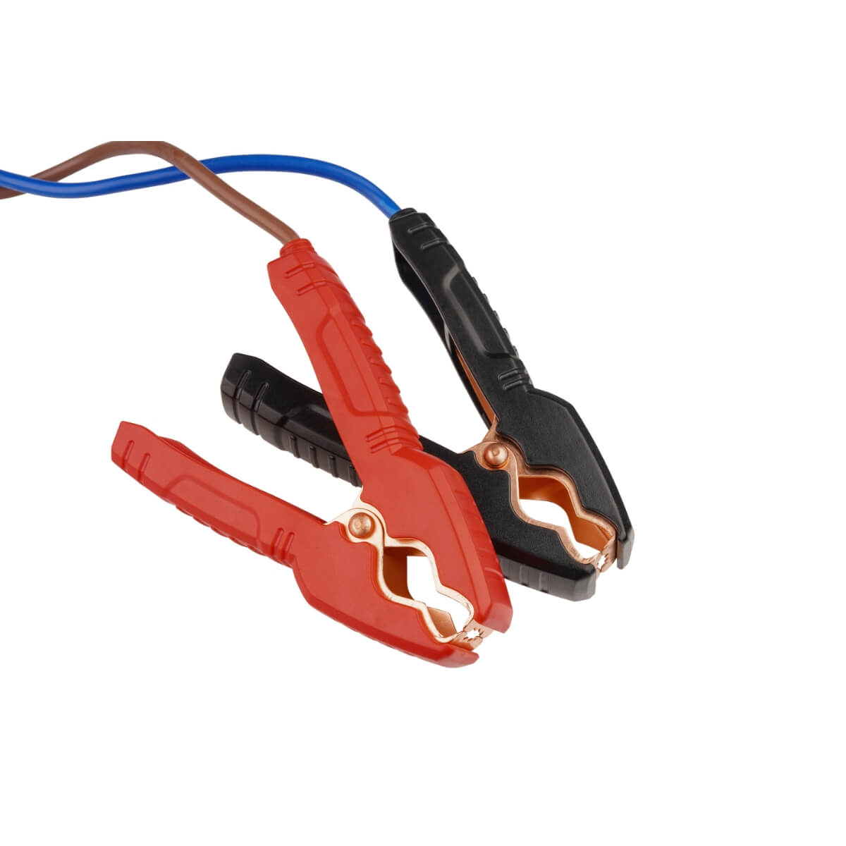 Close-up of the red and black battery clamps of VoltFlow's 12/24v 10A Battery Charger.