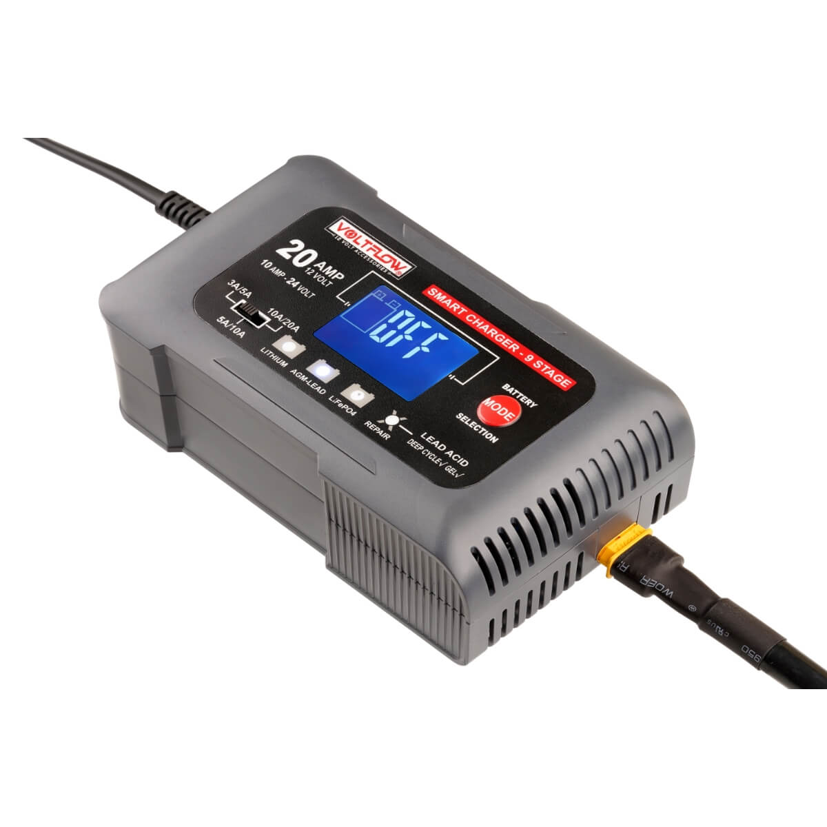 Side view of the 12/24v 10A Battery Charger captured from a distance, emphasizing its sturdy construction, side profile, and the placement of charging cables and control panel.