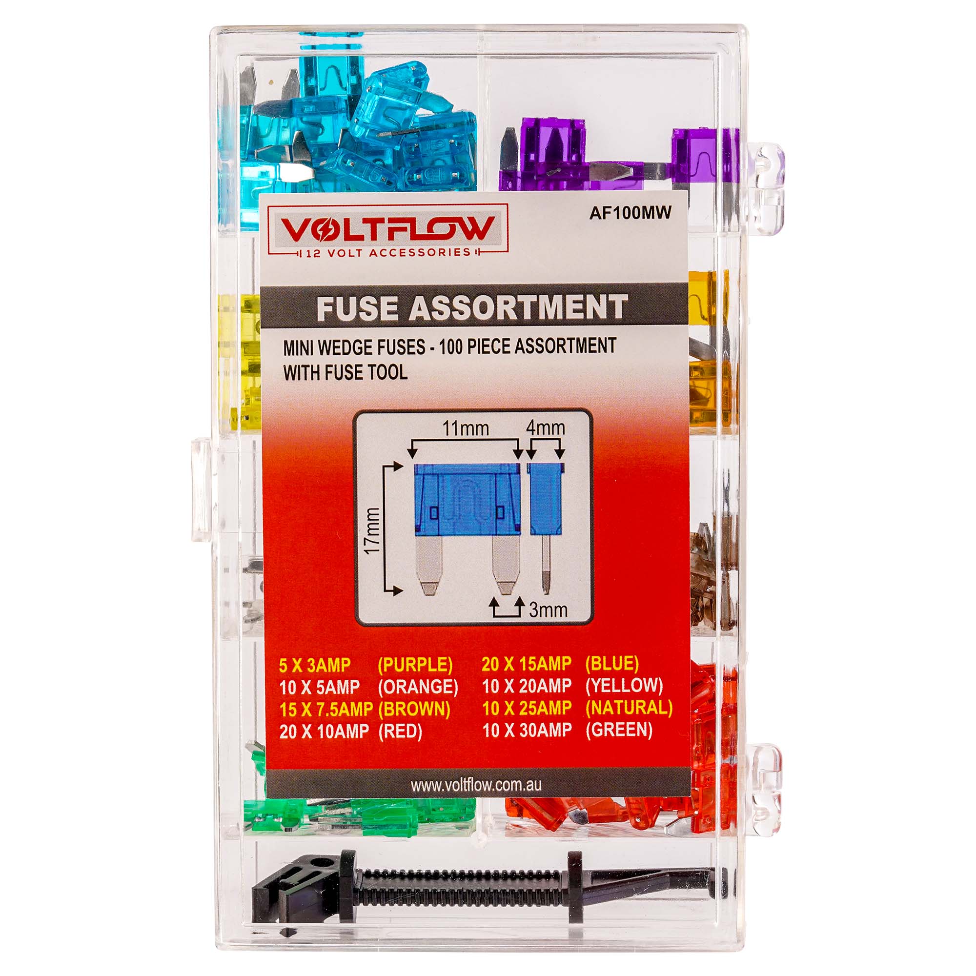 VoltFlow's 100-Piece Fuse Kits (Mini Wedge Car Fuses) in packaging