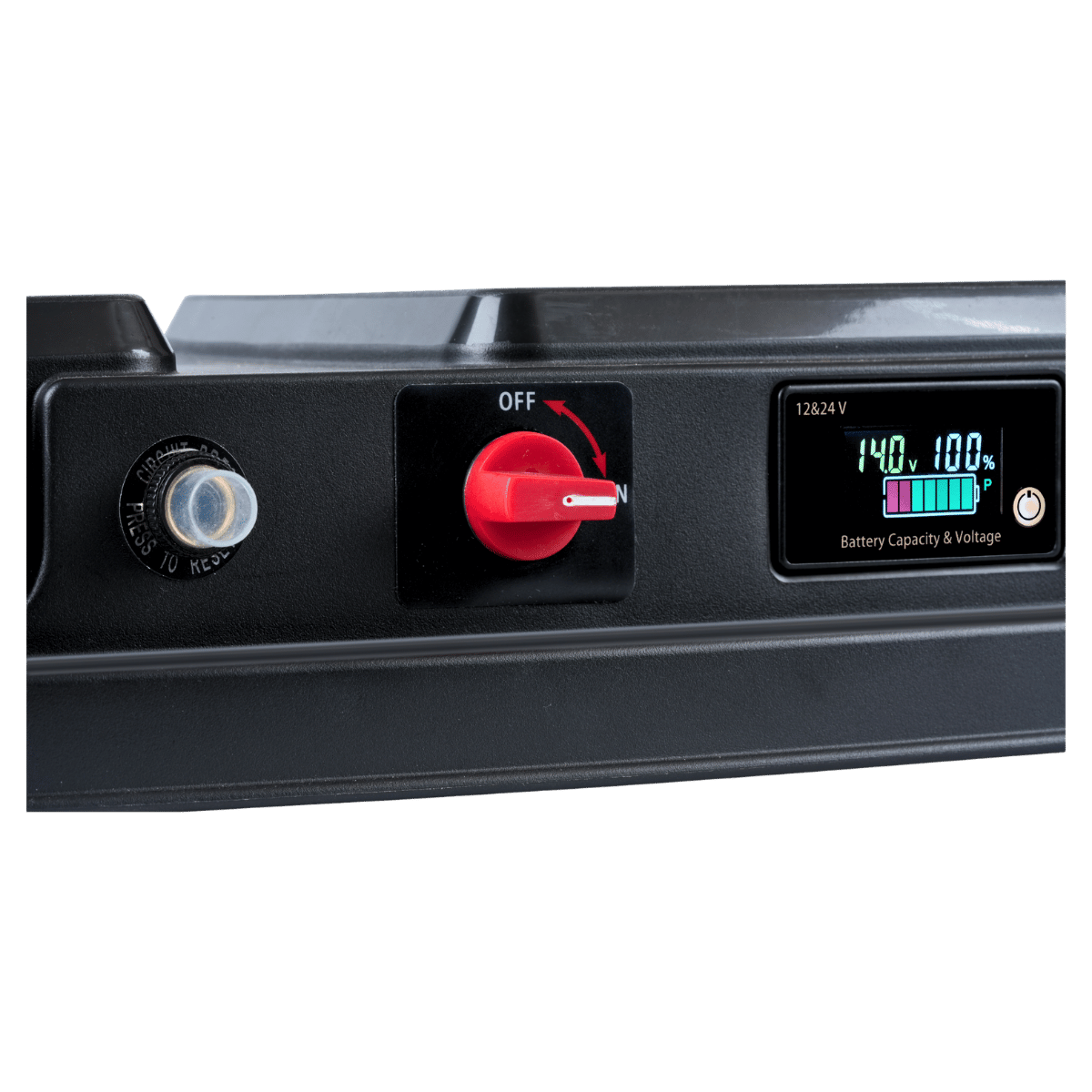 Black electrical panel with red switch and digital display on a white background