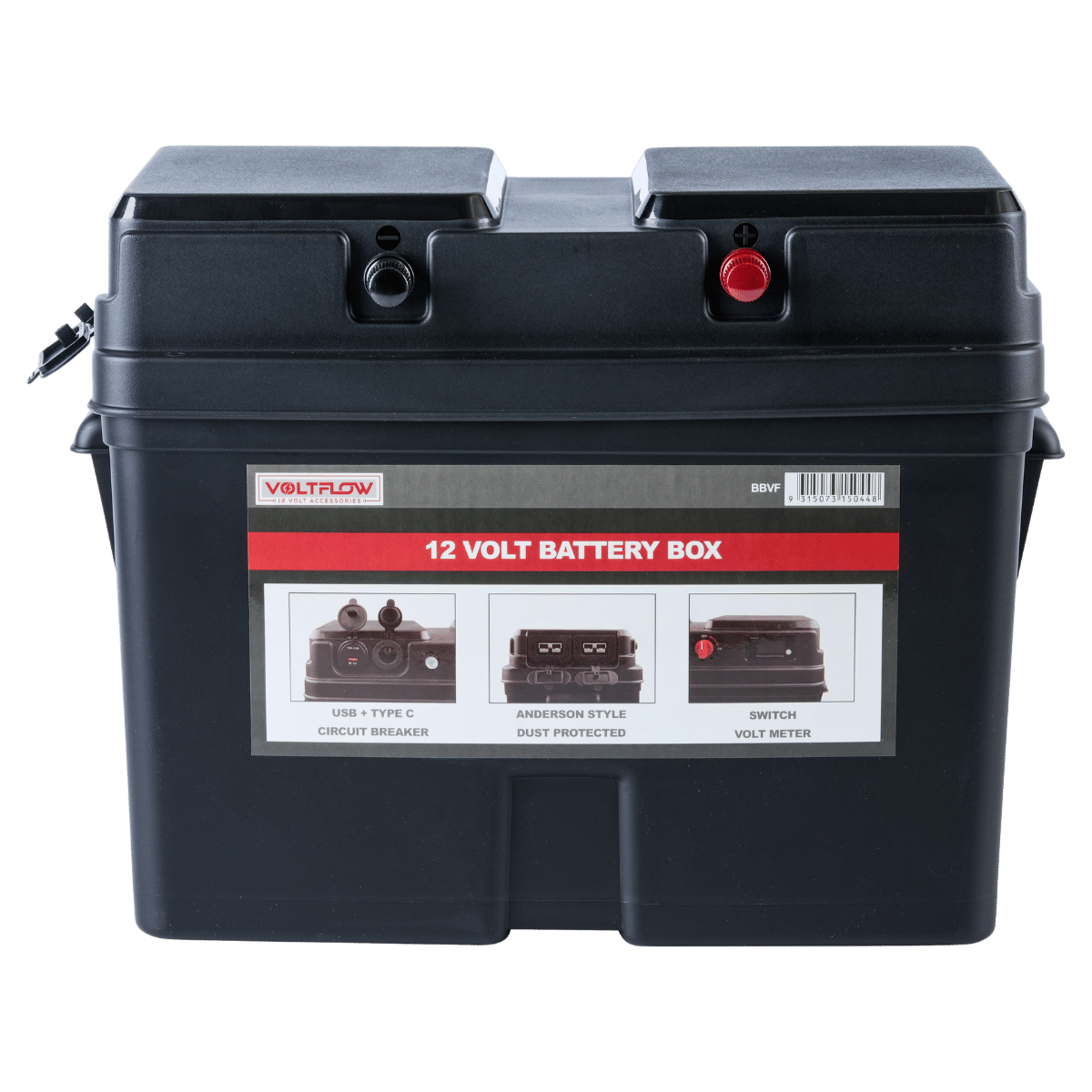 Black 12 volt battery box with VoltFlow branding on a white background