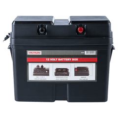 Black 12 volt battery box with VoltFlow branding on a white background