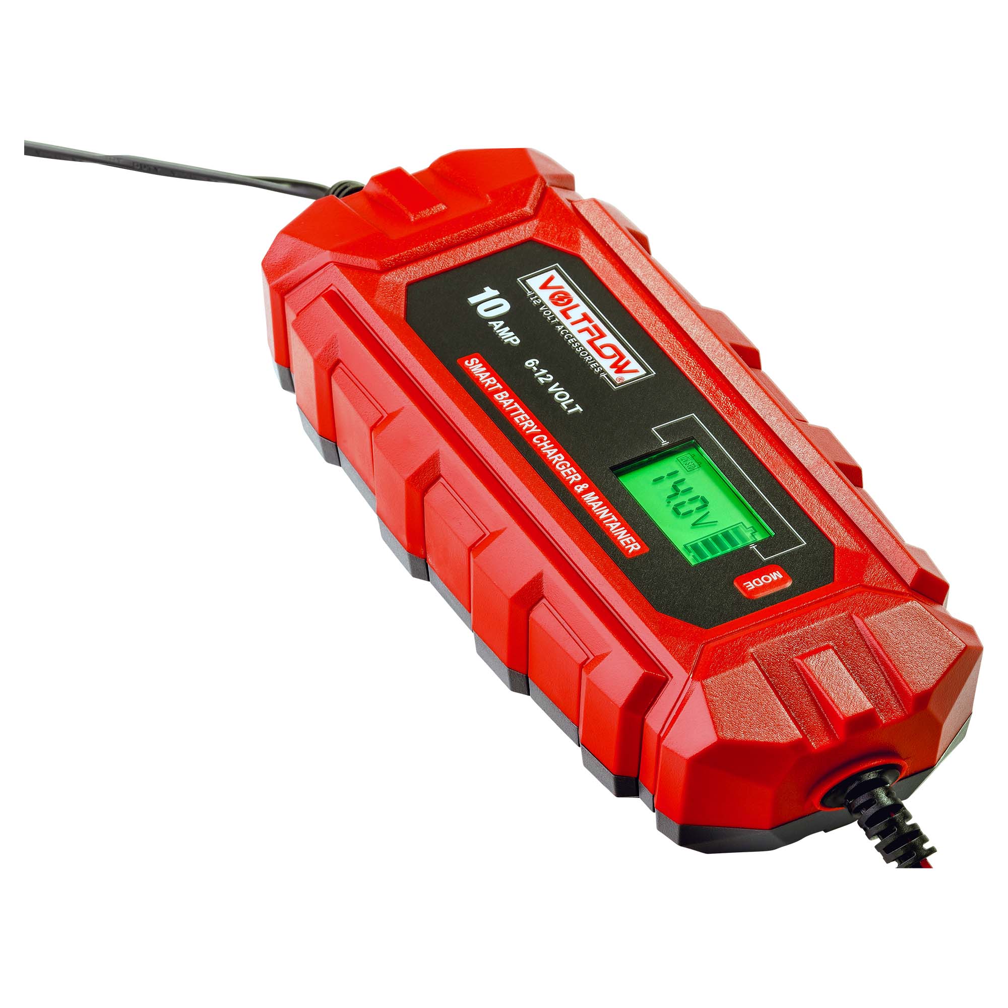 Close-up of the Voltflow VF10BC 12v Car Battery Charger, showcasing its informative LCD screen.
