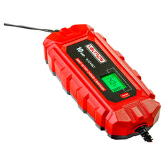 Close-up of the Voltflow VF10BC 12v Car Battery Charger, showcasing its informative LCD screen.