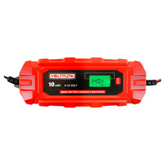 Close-up view of Voltflow VF10BC 12v Car Battery Charger with clear LCD screen displaying charging status.