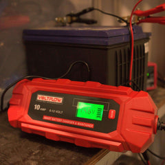 Voltflow VF10BC lithium battery charger connected to a large Deep Cycle battery